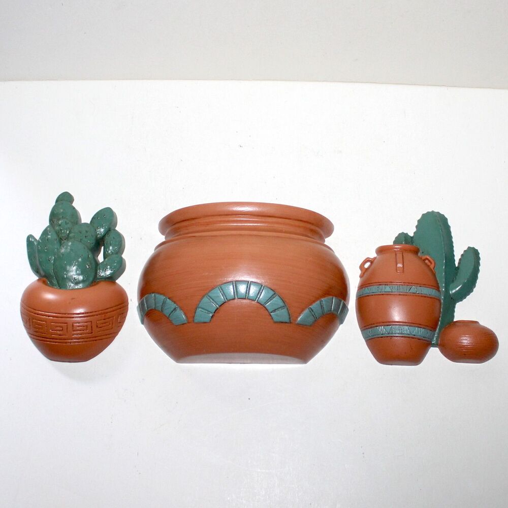 3 Vintage South West wall plaque decor Burwood 1991 Cactus planter turqouise